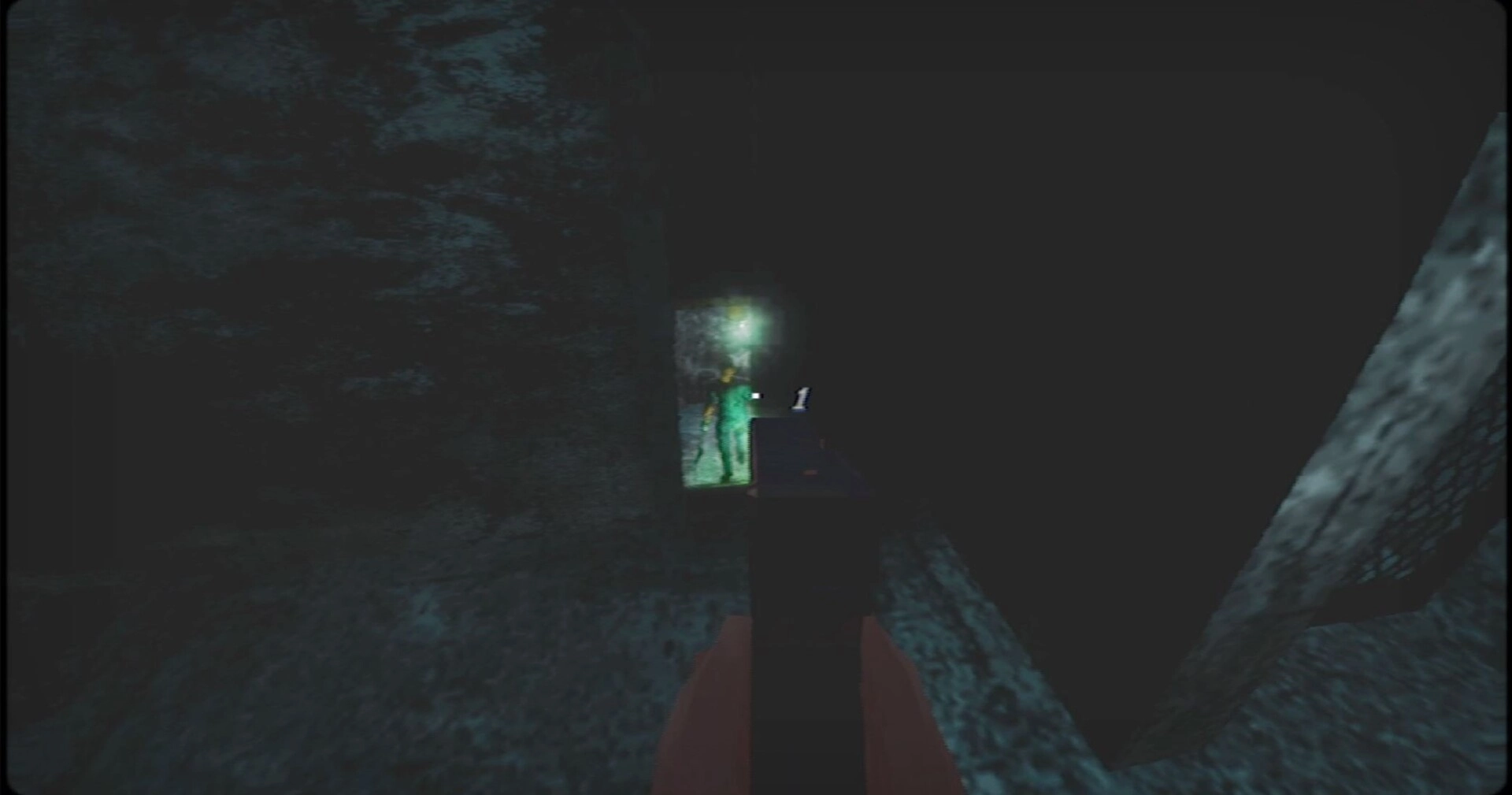 四号对象 Object 4: First-person aiming a pistol at a glowing green figure in a narrow, dark rocky corridor UI ammo 1.
