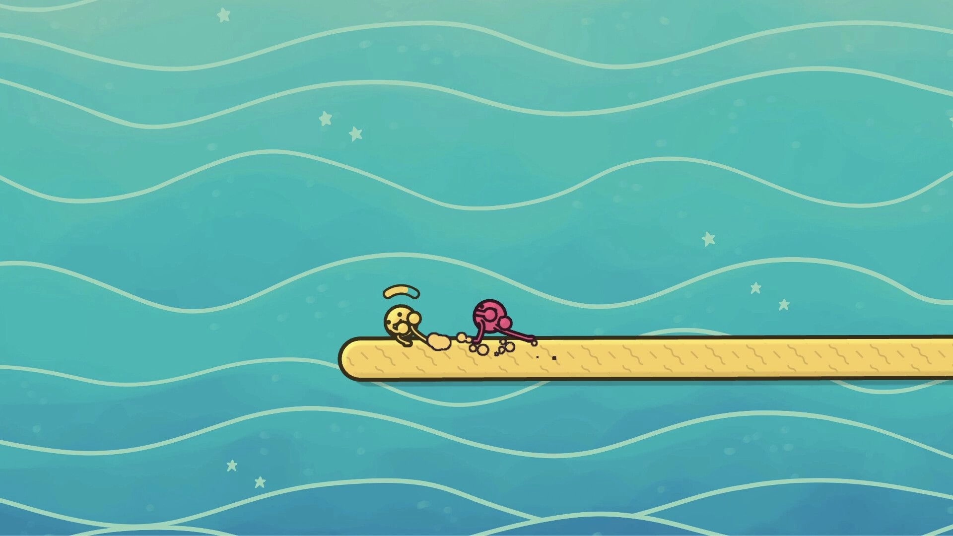 Oblin Party: Two colorful characters battle on a floating platform over a wavy blue background.