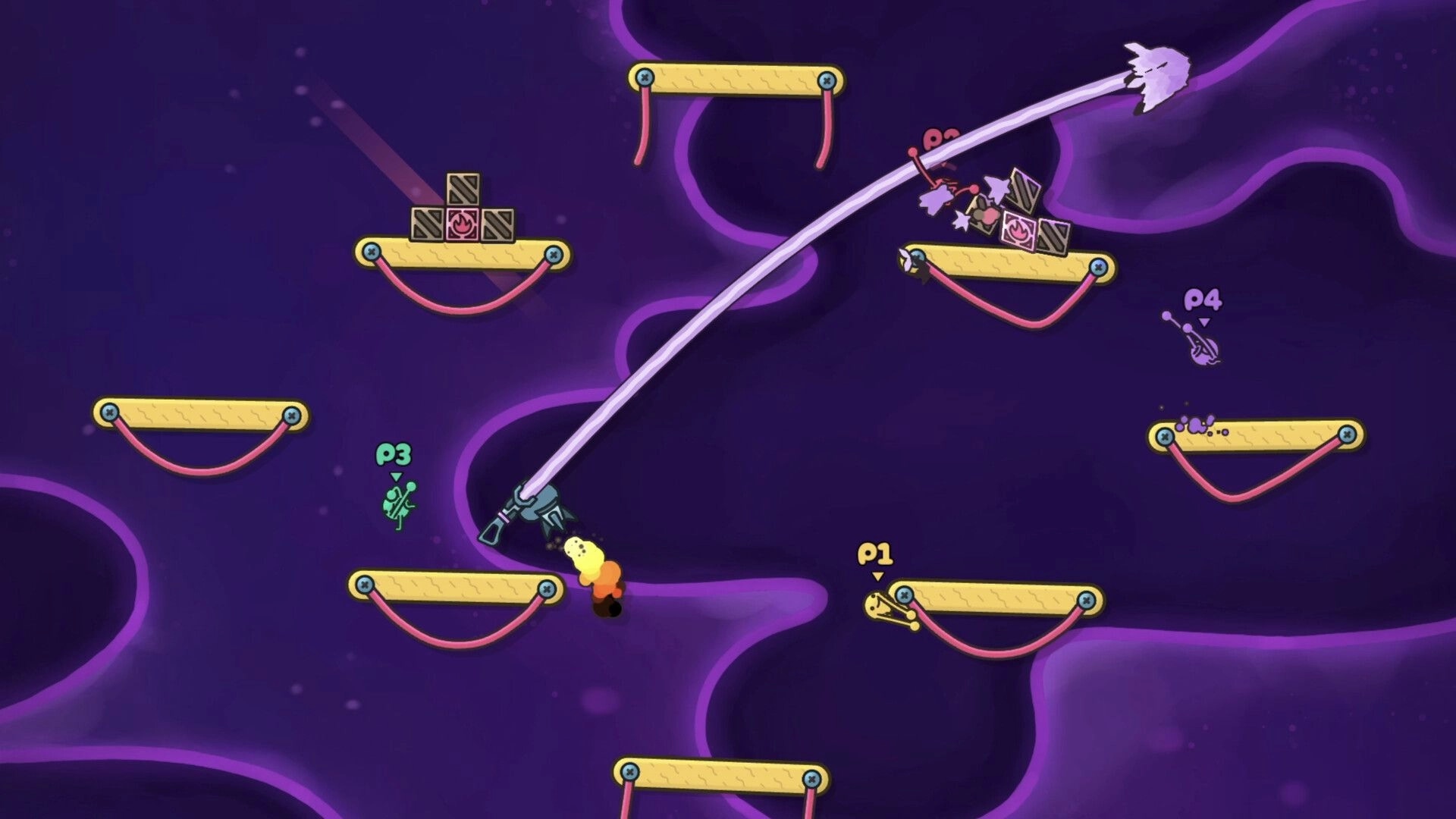 Oblin Party: Players swing across platforms with elastic arms in a neon-themed arena environment.