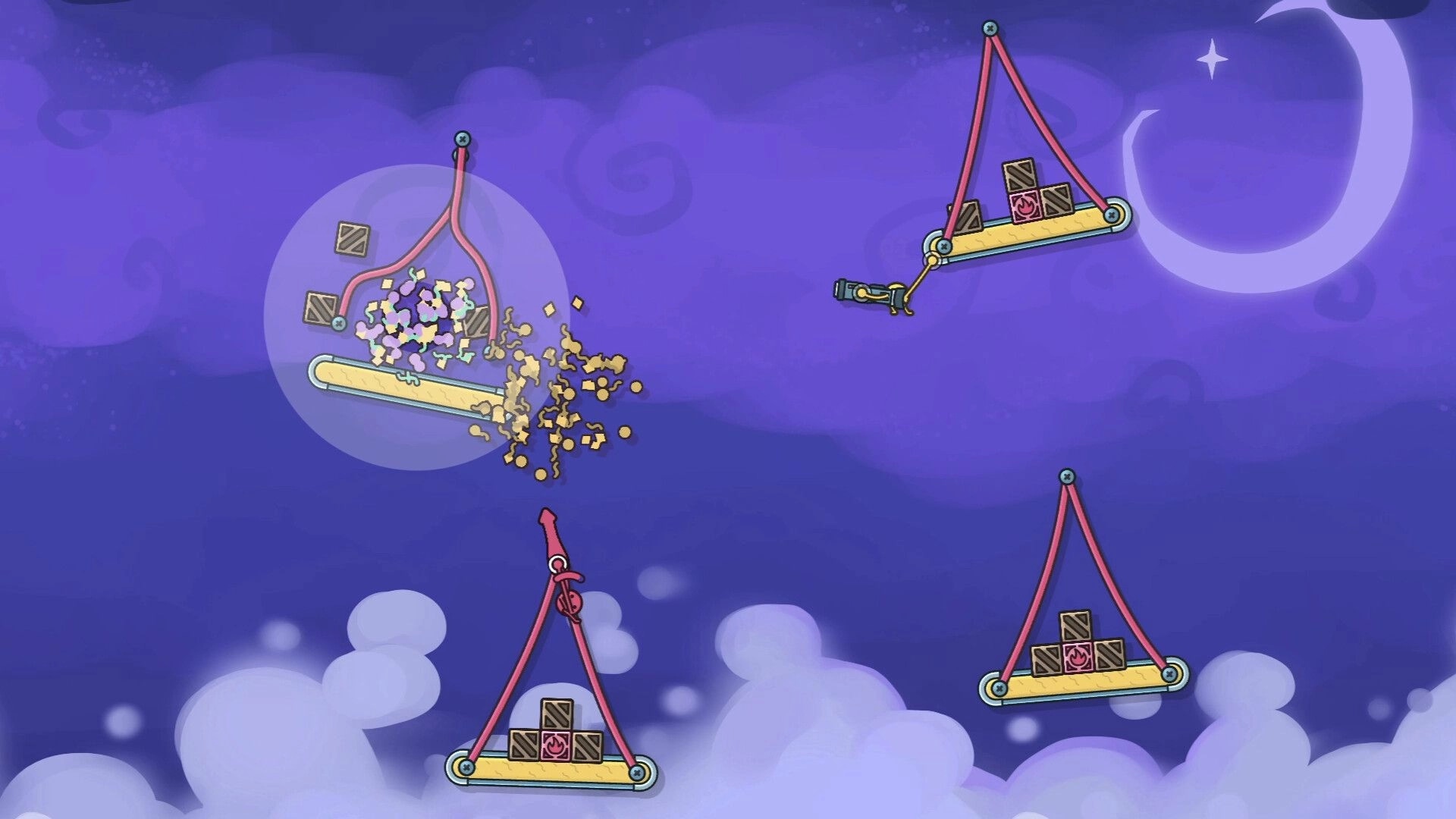 Oblin Party: Characters swing between platforms with elastic arms in a whimsical, moonlit sky setting