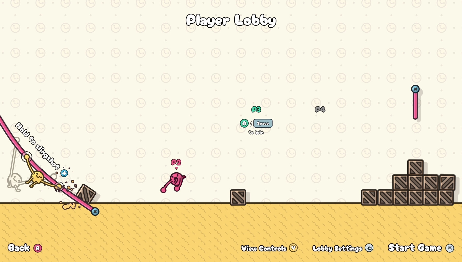 Oblin Party: Player lobby with P2 character swinging elastic arms and crates on a patterned background