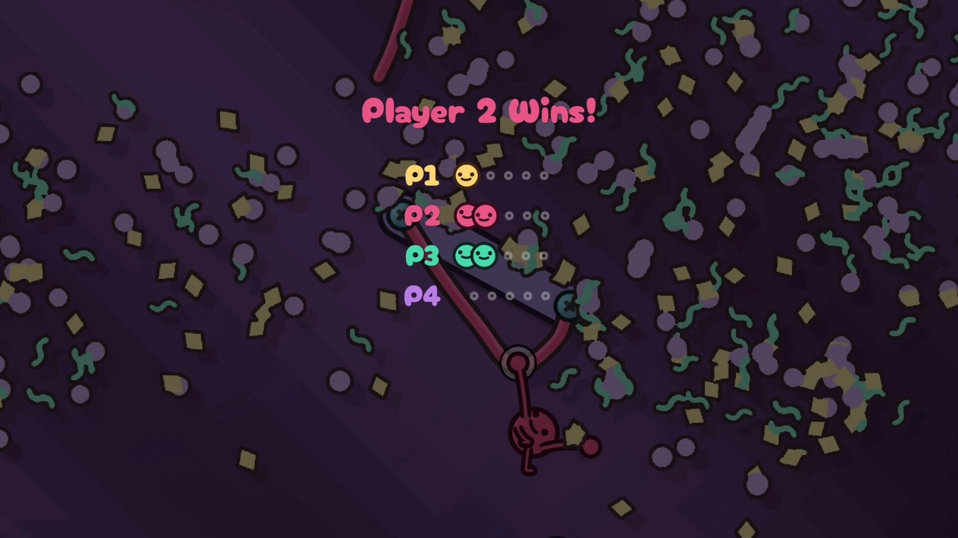 Oblin Party: Player 2 wins on confetti-filled screen with colorful score icons and dynamic background