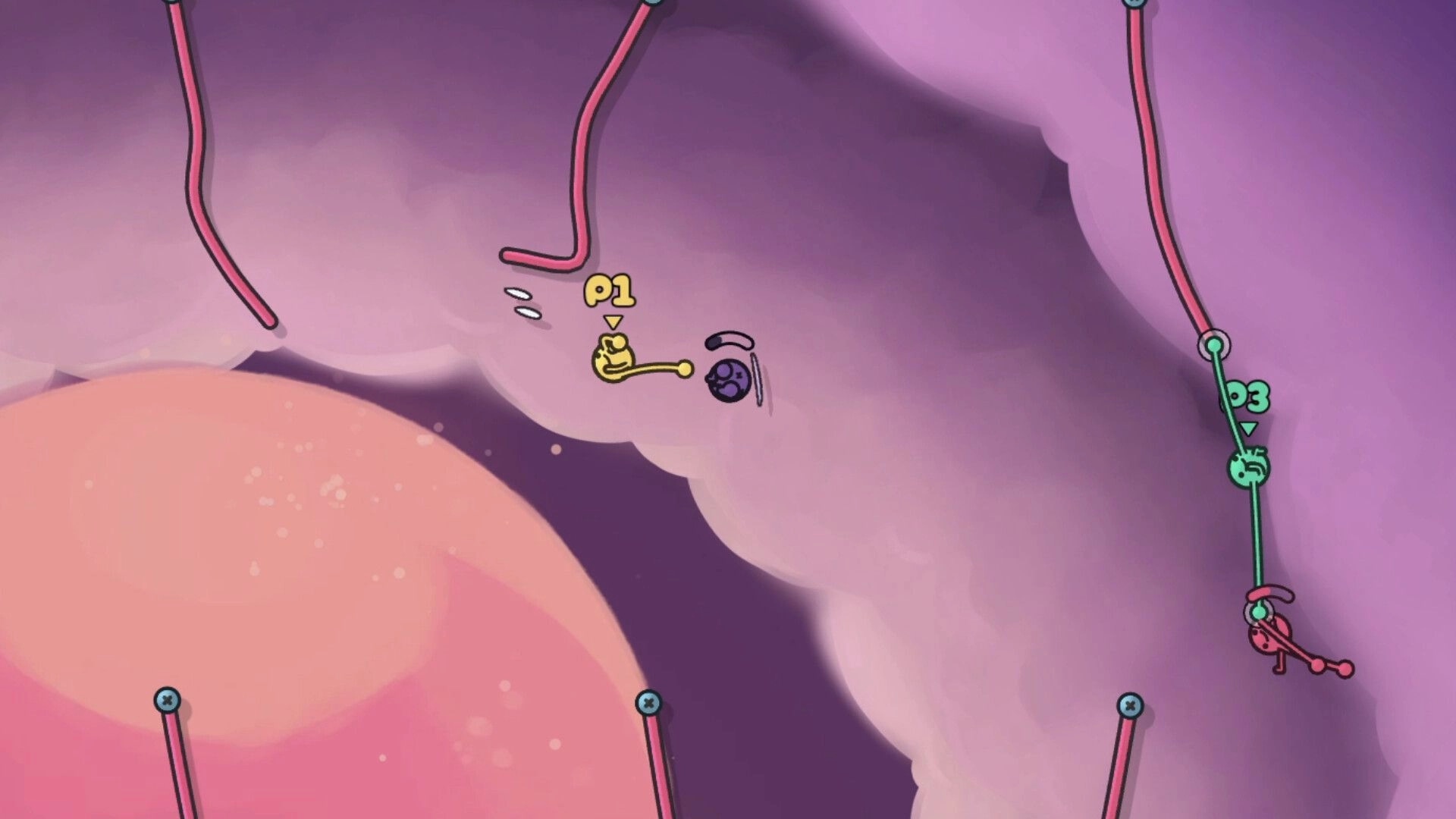 Oblin Party: P1 and P3 swinging with elastic arms in a vibrant, cloudy arena with dynamic movement