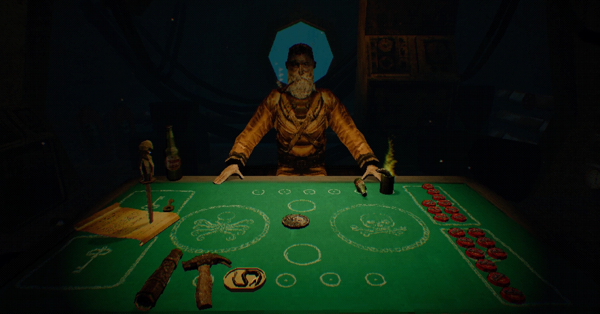 O.B.O.L: Bearded opponent leans over a green game table with chips and coin in dim cabin.