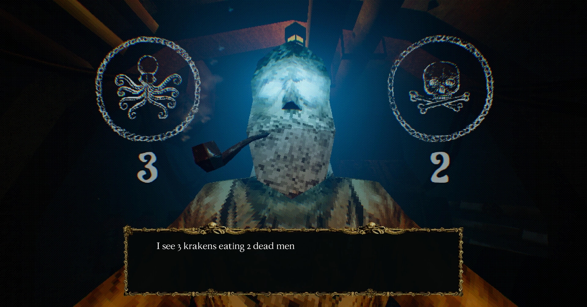 O.B.O.L: Hooded opponent speaks in dialogue box, octopus and skull icons with 3 and 2 counters underwater.