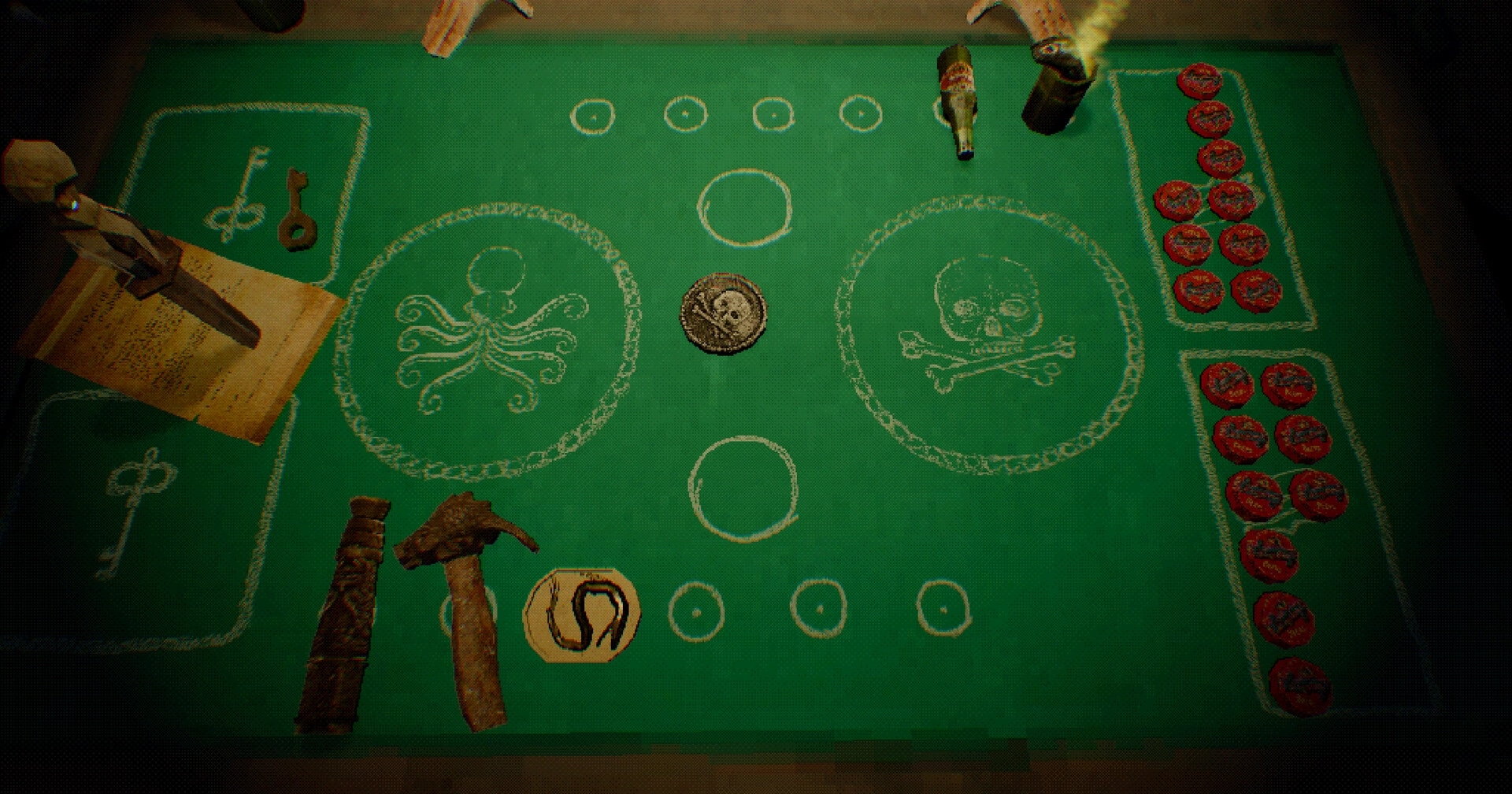 O.B.O.L: Coin-flip table with octopus and skull circles, red chips, tools and a pistol on felt mat.
