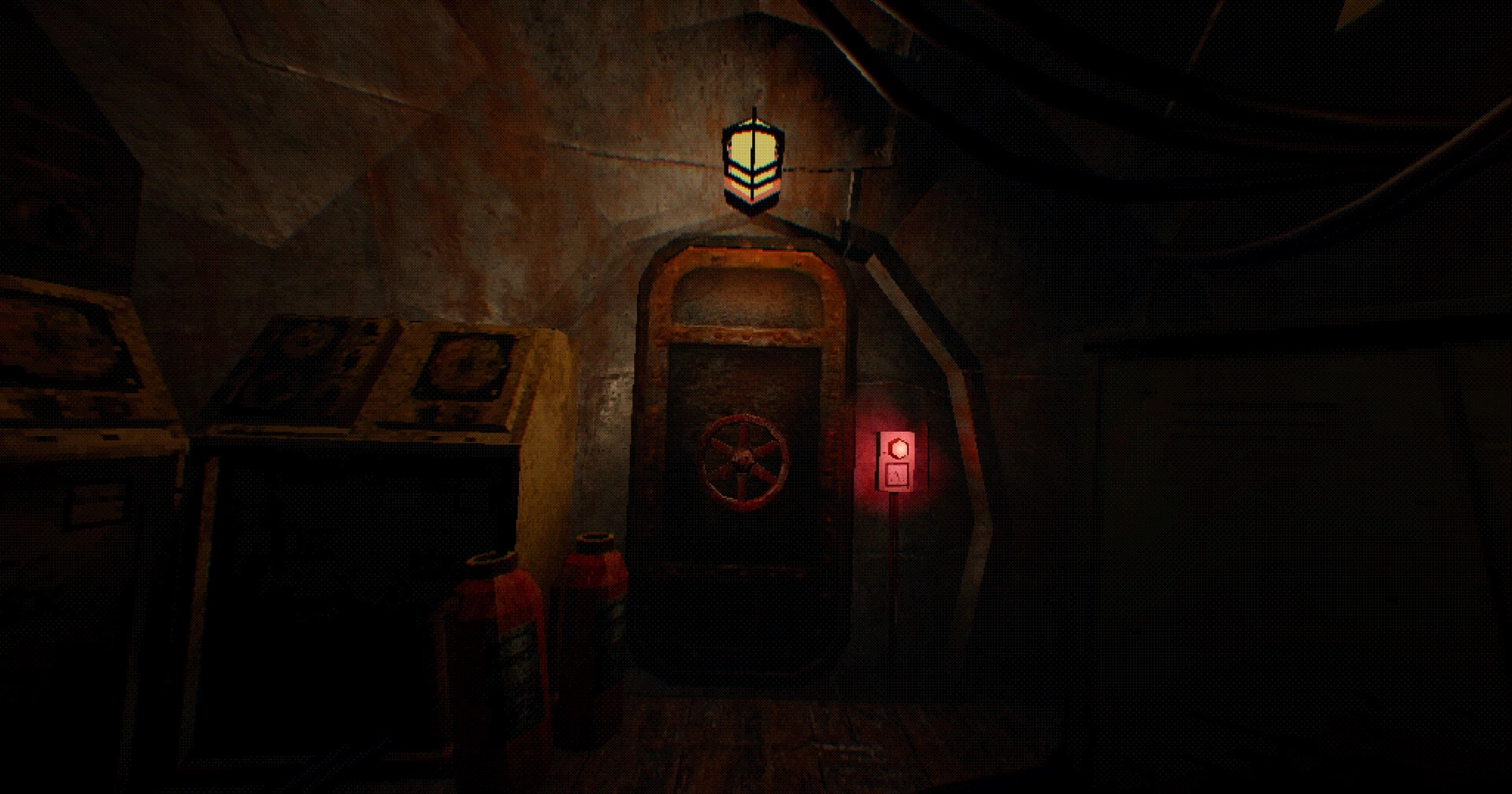 O.B.O.L: Rusty bulkhead door with wheel handle and red button panel in a dim submarine corridor.
