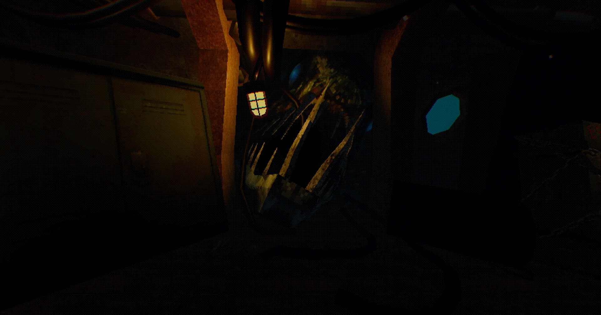 O.B.O.L: First-person view of a flooded metal corridor with pipes, debris, and blue porthole lights.