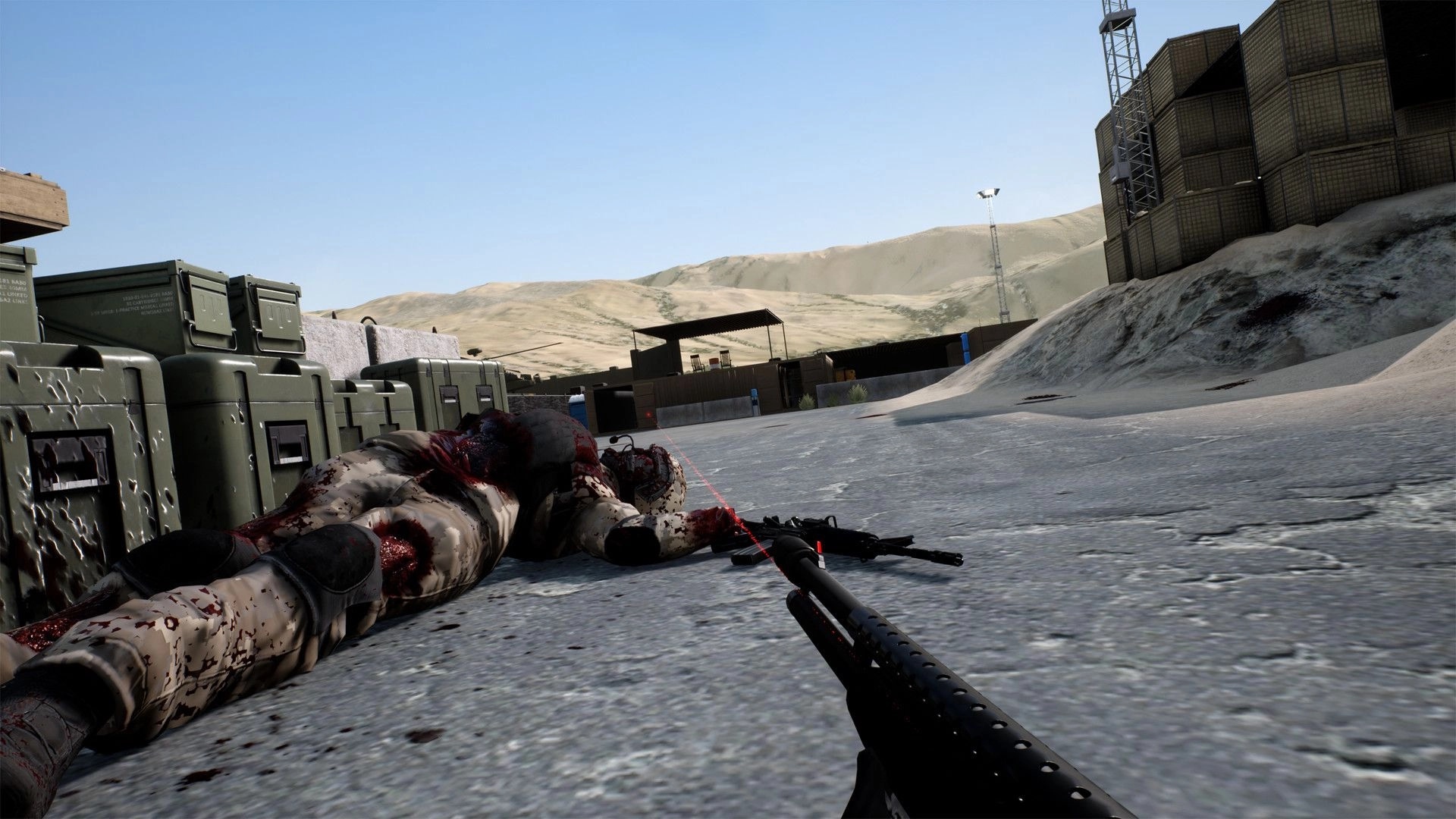 Obscurity: Player aiming sniper rifle at fallen soldier near military crates in desert base environment