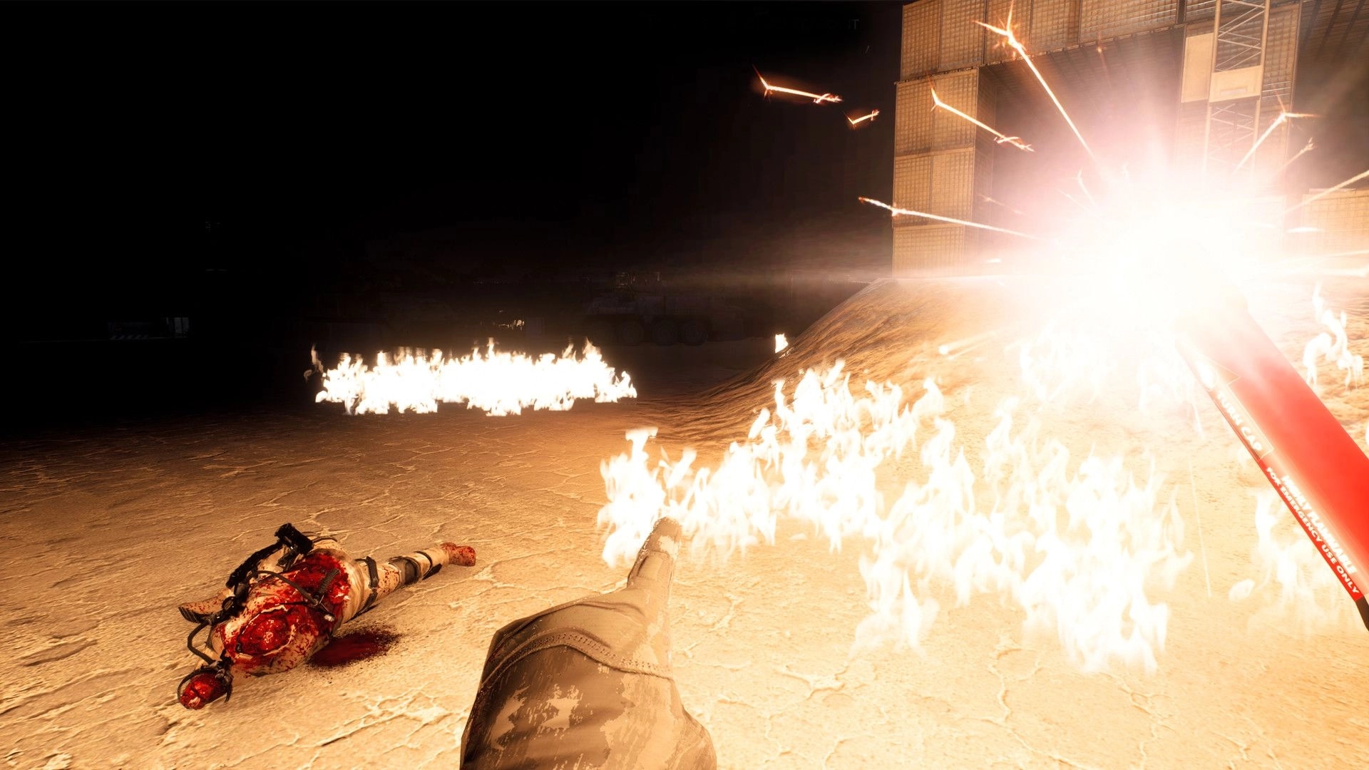 Obscurity: Player uses flare gun amidst fiery chaos in dark desert environment