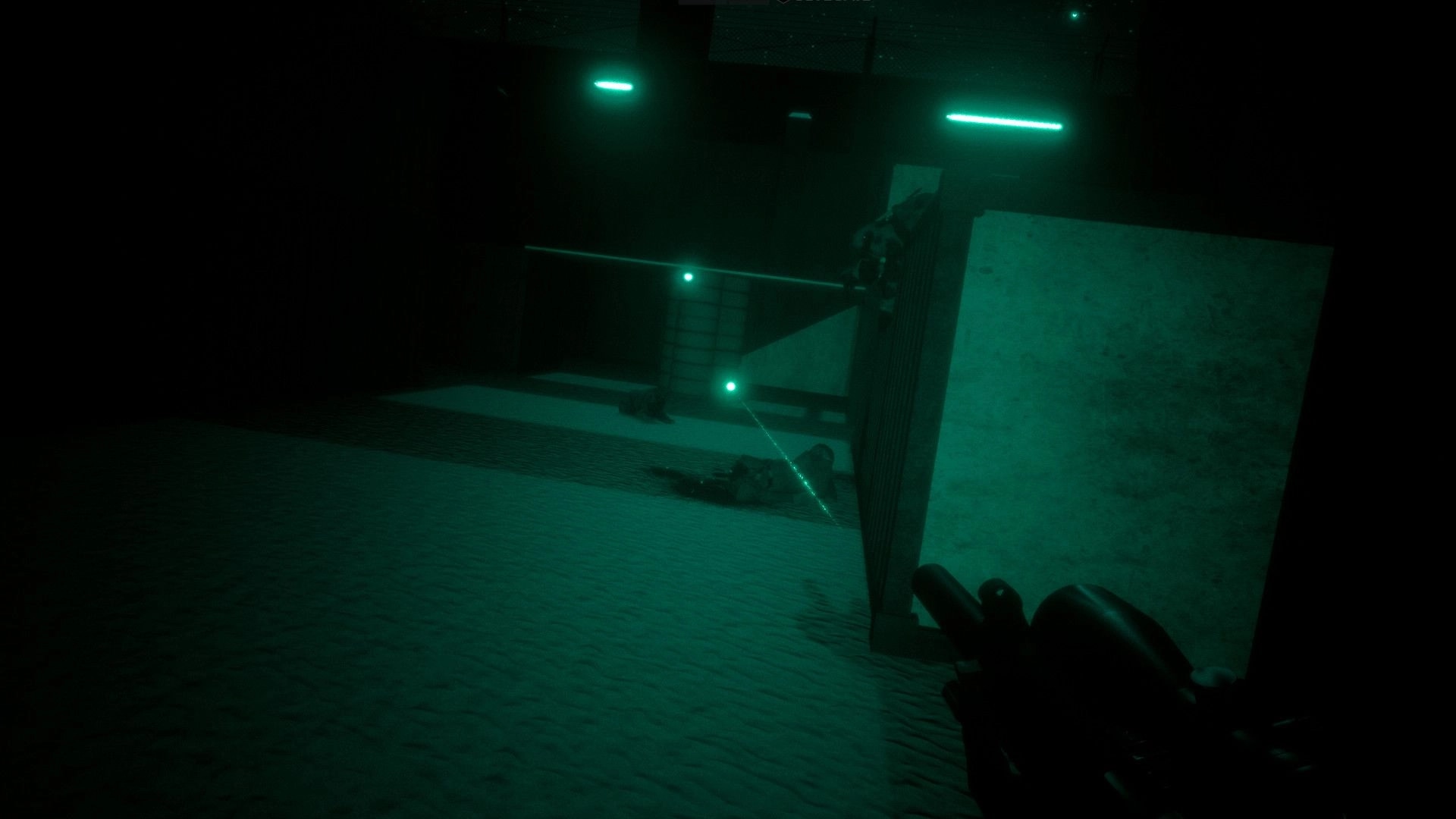 Obscurity: Soldier aiming weapon in dark corridor with night vision effect and laser sighting