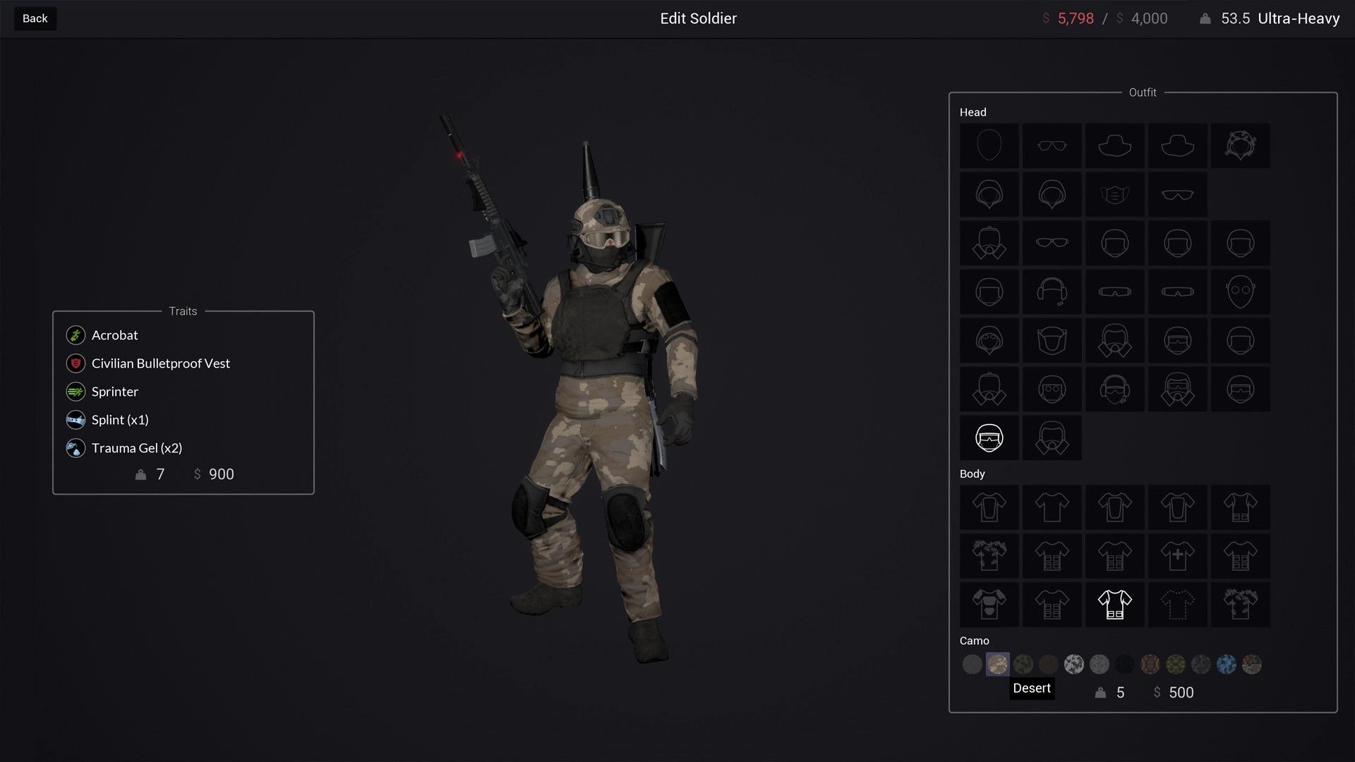 Obscurity: Soldier customization screen with traits, outfit options, and desert camo selection visible.