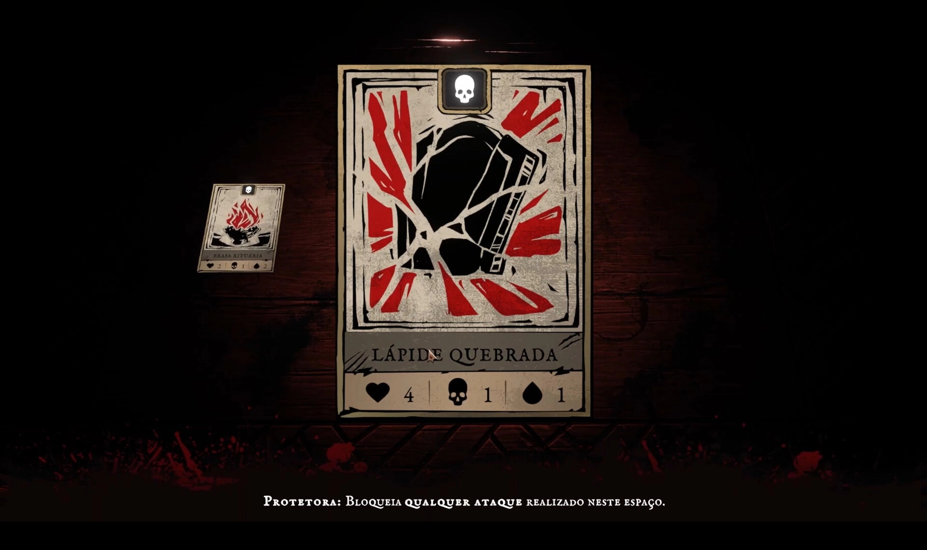 Obscurium: Large card "Lápide Quebrada" with stats on dark wooden table and tooltip text below.
