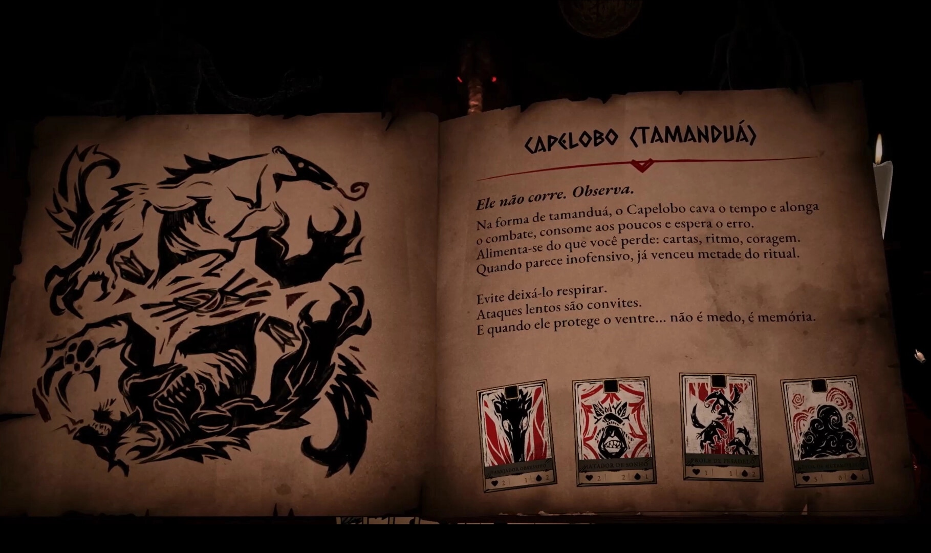 Obscurium: Bestiary lore page for Capelobo with ink sketch, Portuguese text, and four cards below.