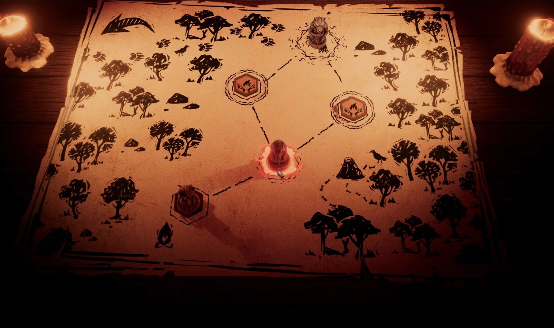 Obscurium: Pawns on a parchment world map with branching paths and forest icons by candlelight.