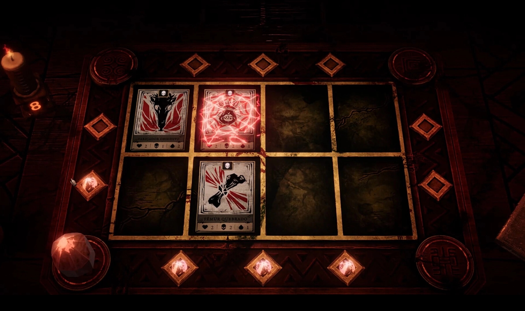 Obscurium: Ritual card battle board with three cards placed on a candlelit grid table UI.
