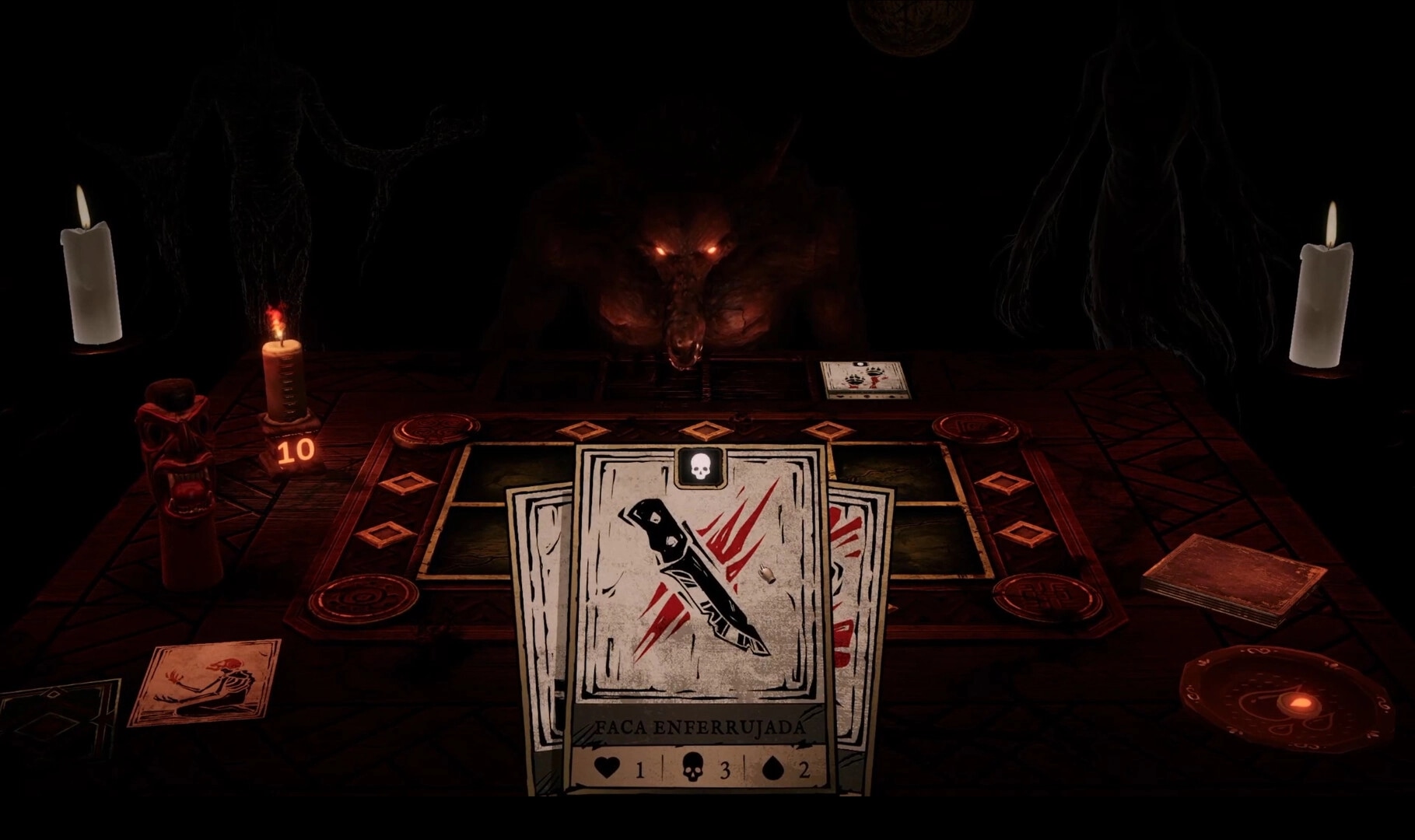 Obscurium: Dagger card highlighted on ritual table as a glowing-eyed monster looms in darkness.