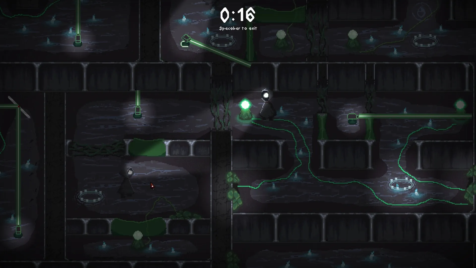 Observe: Character in dark maze activates glowing orb with green lines connecting platforms