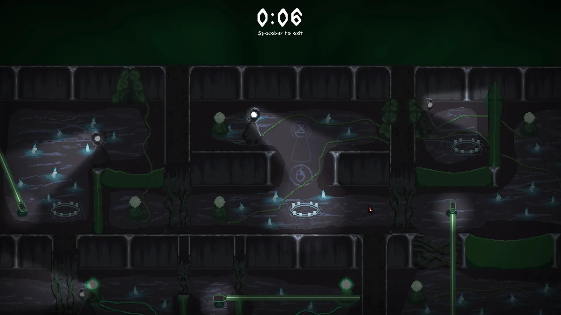 Observe: Character navigates a dark maze with glowing symbols and a countdown timer in the upper center.