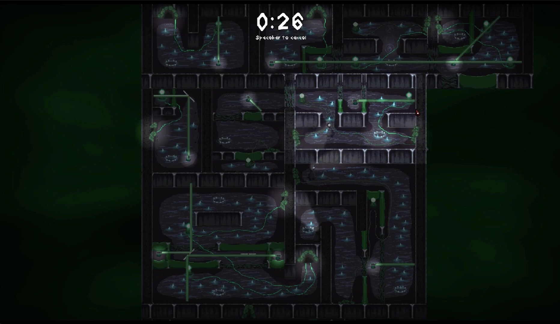 Observe: Maze-like sewer level with water pathways and glowing green lights, countdown timer at top center.