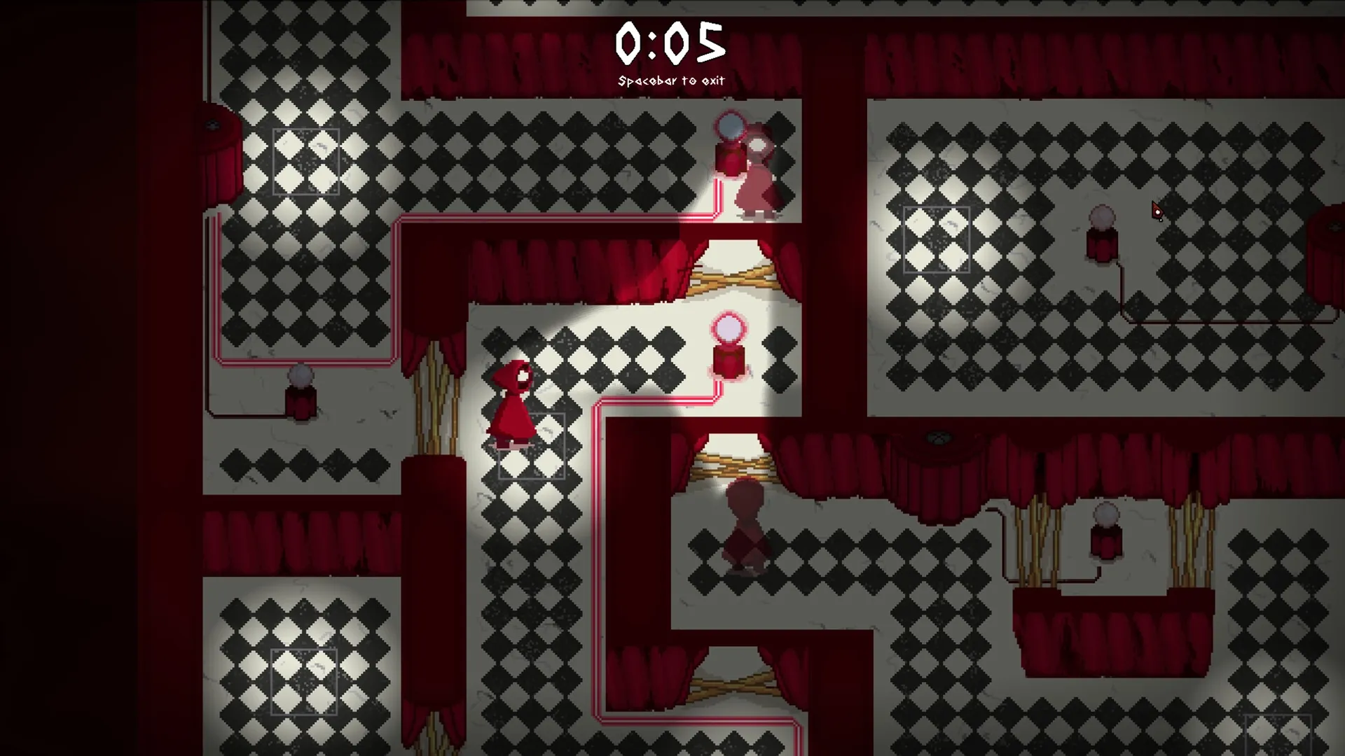 Observe: Character in red hood navigating a maze with checkered floors and red curtains under a timer.