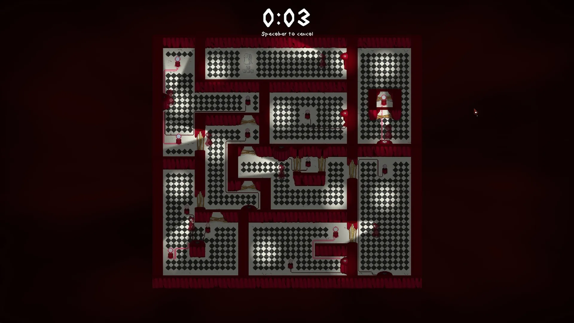 Observe: Overhead maze view with checkered floors, red walls, and a countdown timer at the top center.