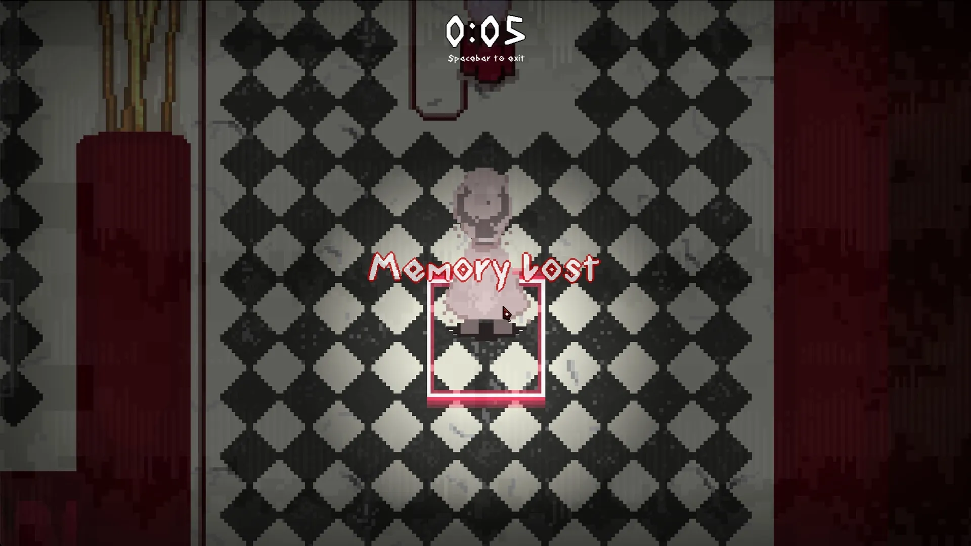 Observe: Character stands on checkered floor with "Memory Lost" message; countdown timer at top.