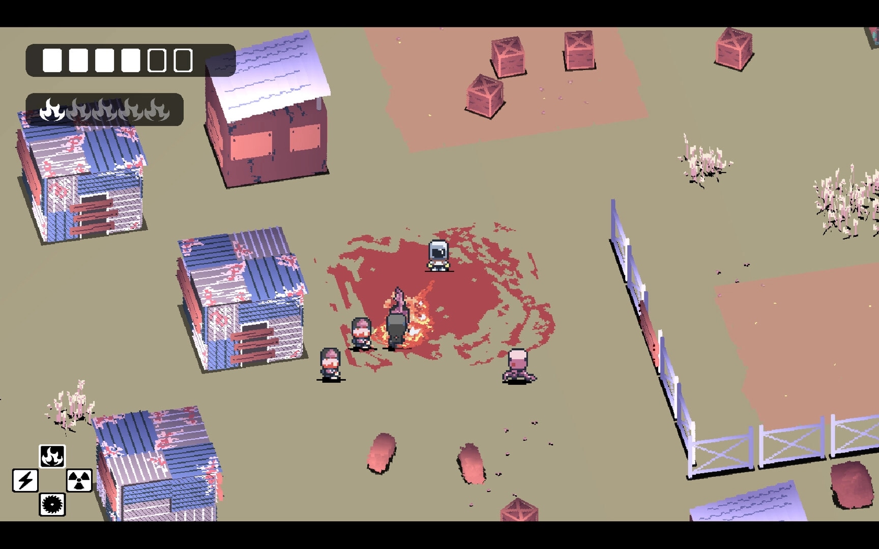 Obsidia: Player faces three enemies around a burning totem in a fenced scrapyard with HUD icons.