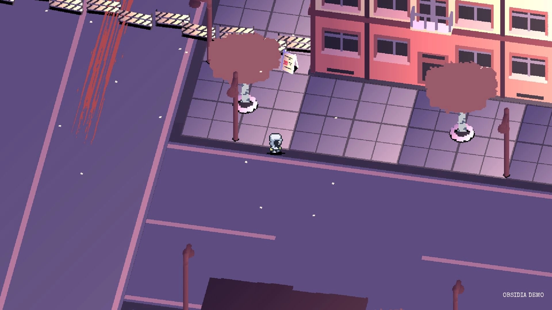Obsidia: Small hooded character stands on a sidewalk by trees and a pink building at dusk.