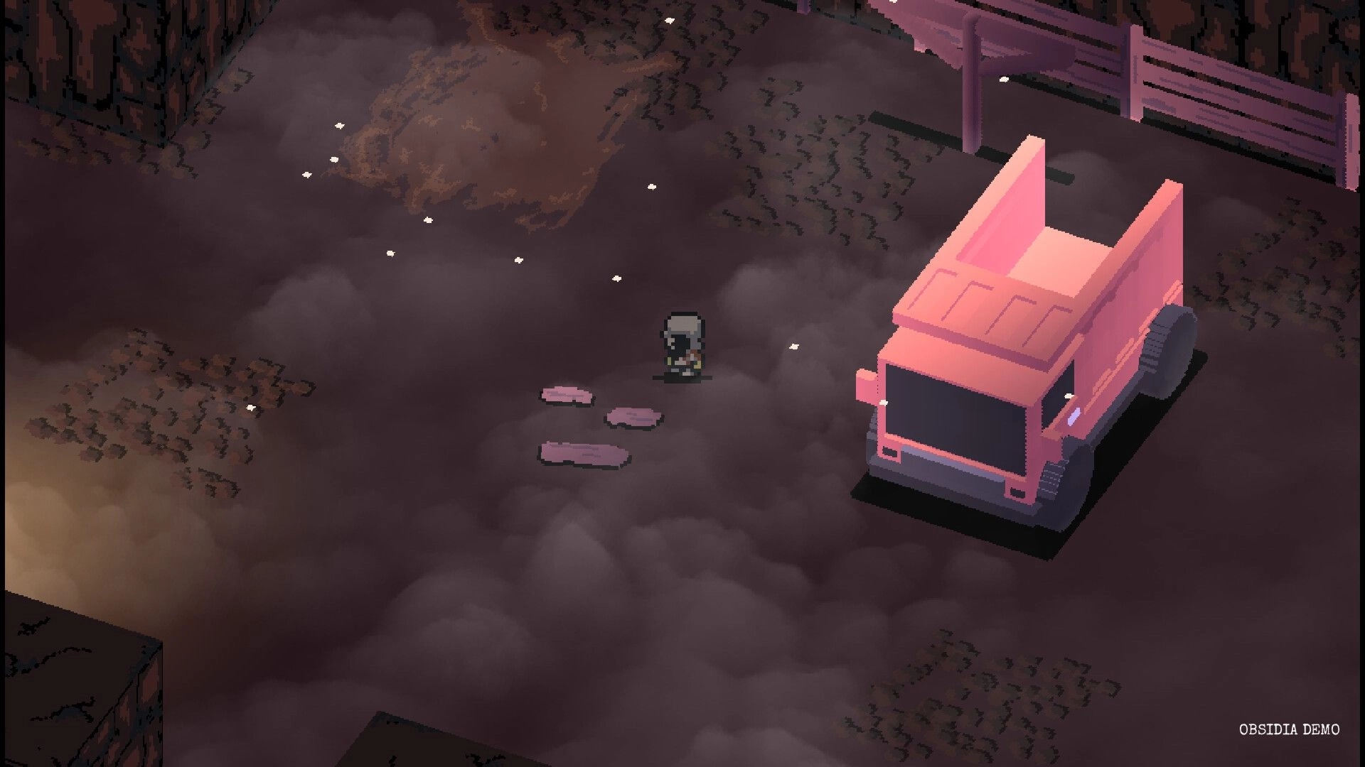 Obsidia: Small player character stands by a pink dump truck in a foggy, cracked lot near fencing.