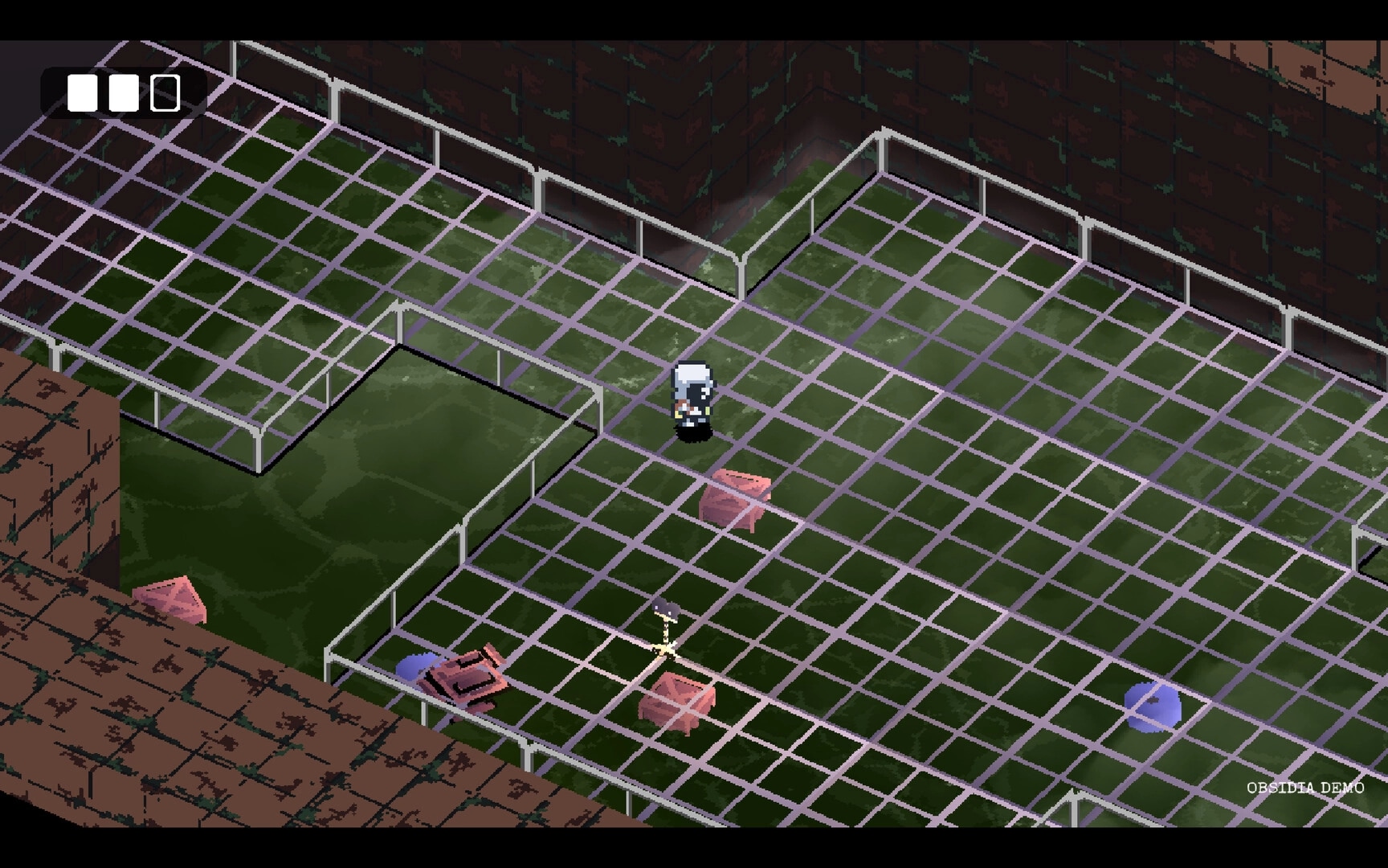 Obsidia: White-haired character explores fenced grid walkway above green water with crates and UI icons.