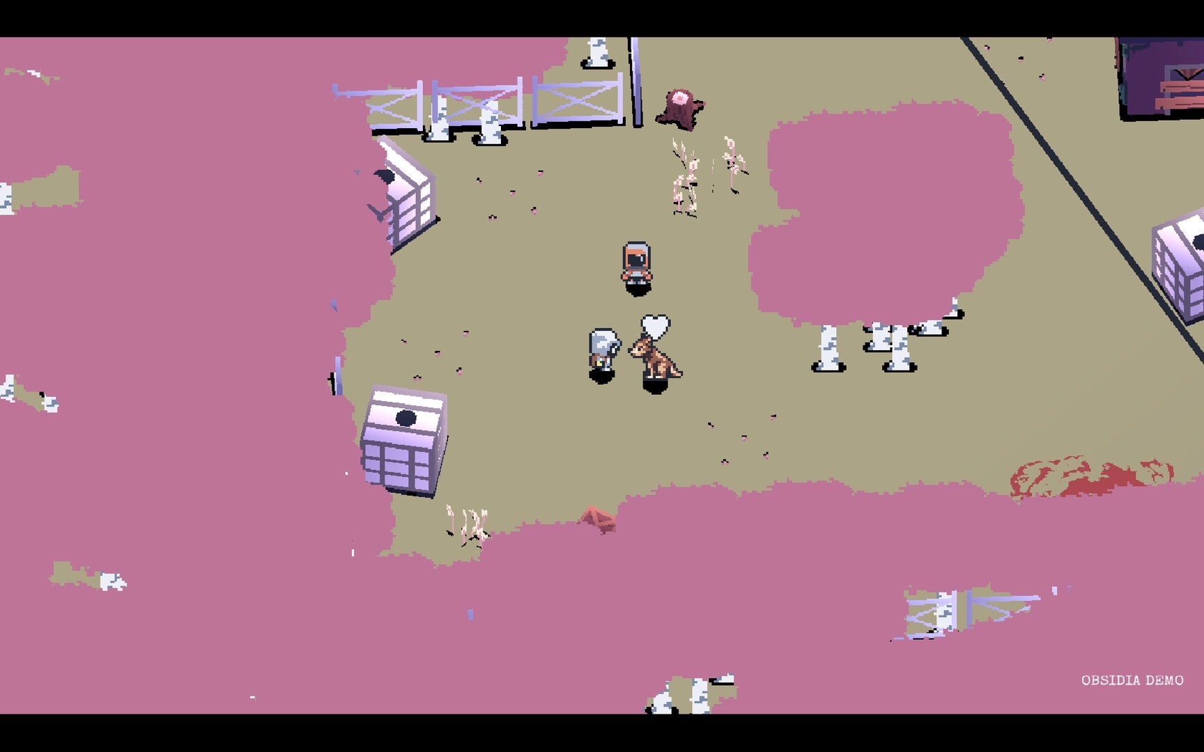 Obsidia: Player stands by a dog and a small cart in a pink forest clearing with fences and crates.