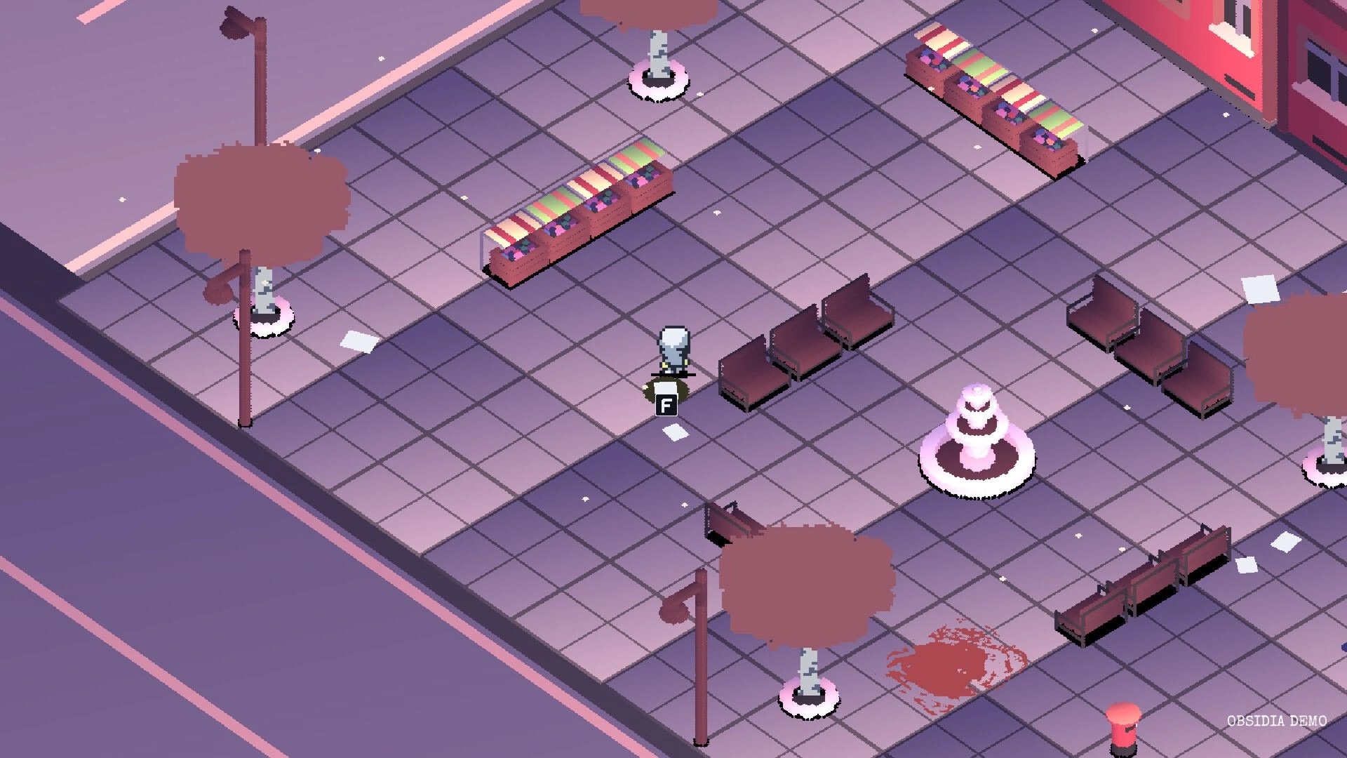 Obsidia: Player stands by an F prompt in a plaza with benches, stalls, and a glowing fountain.