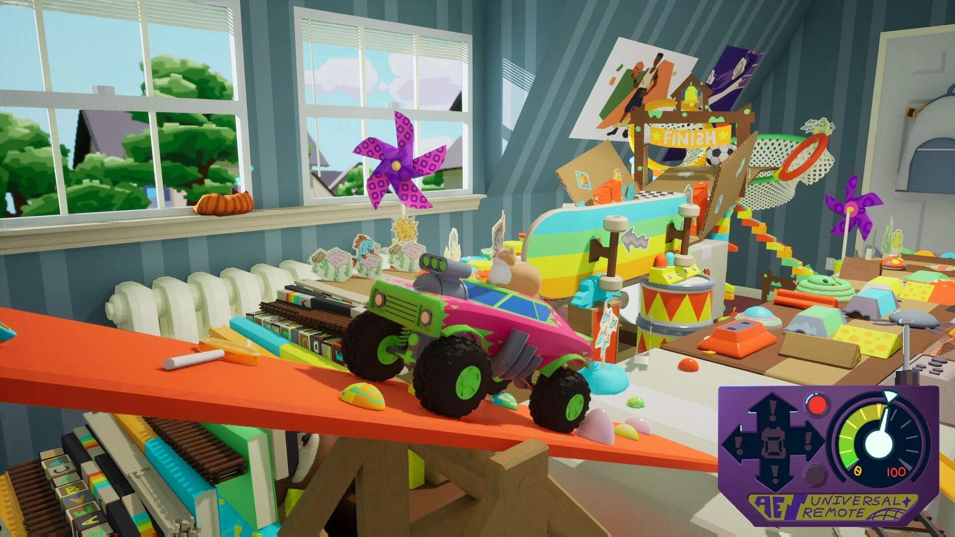 Obstacle Overdrive: Monster toy truck on orange ramp with speed gauge UI in cluttered bedroom playroom.