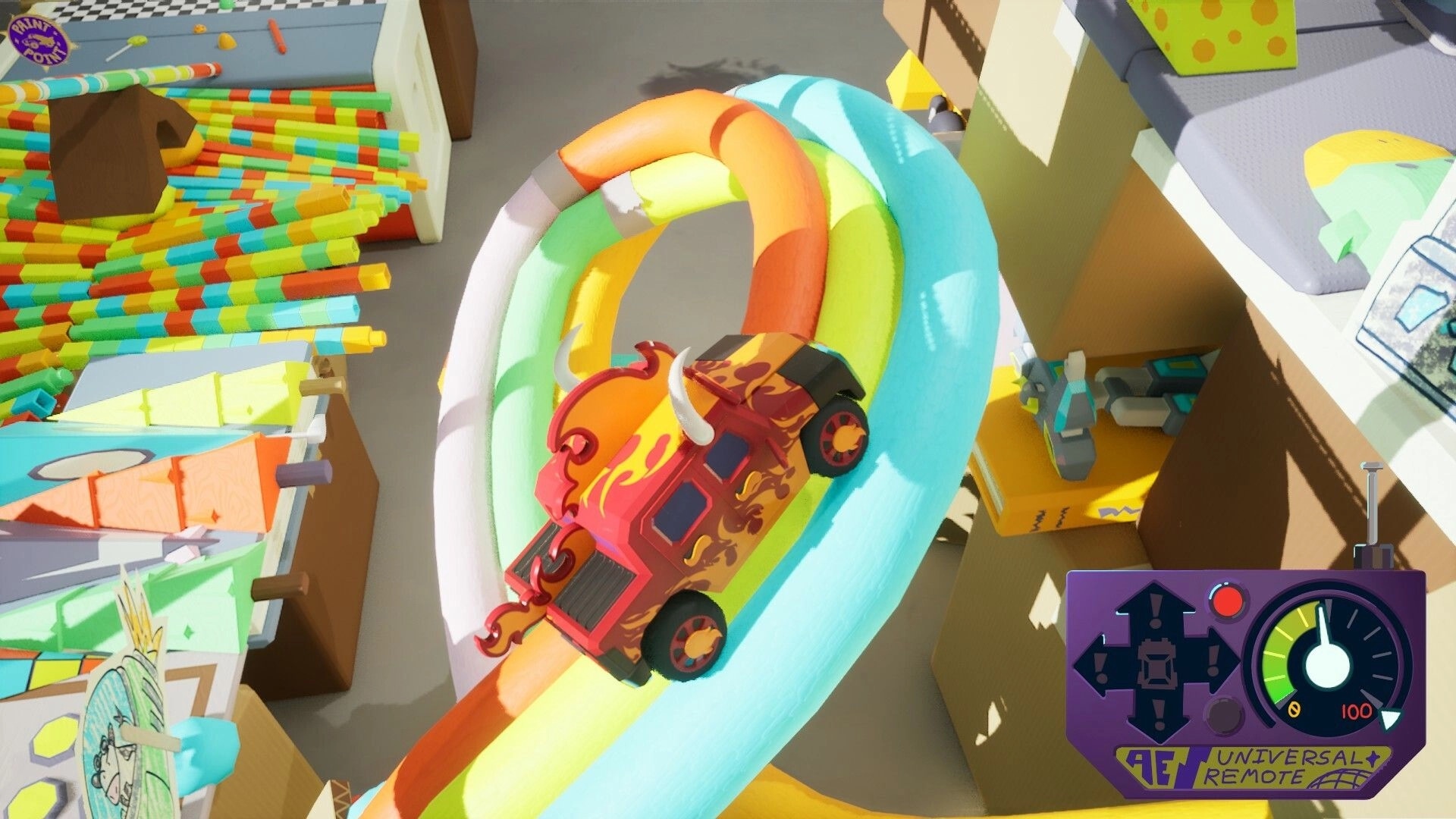 Obstacle Overdrive: Horned flame-painted toy car loops on rainbow track above cluttered playroom course.