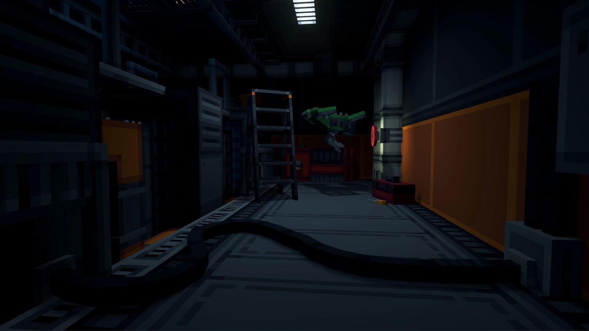 OBVERSE: First-person view of a dim corridor with ladder, cables, and green drone near a door panel.