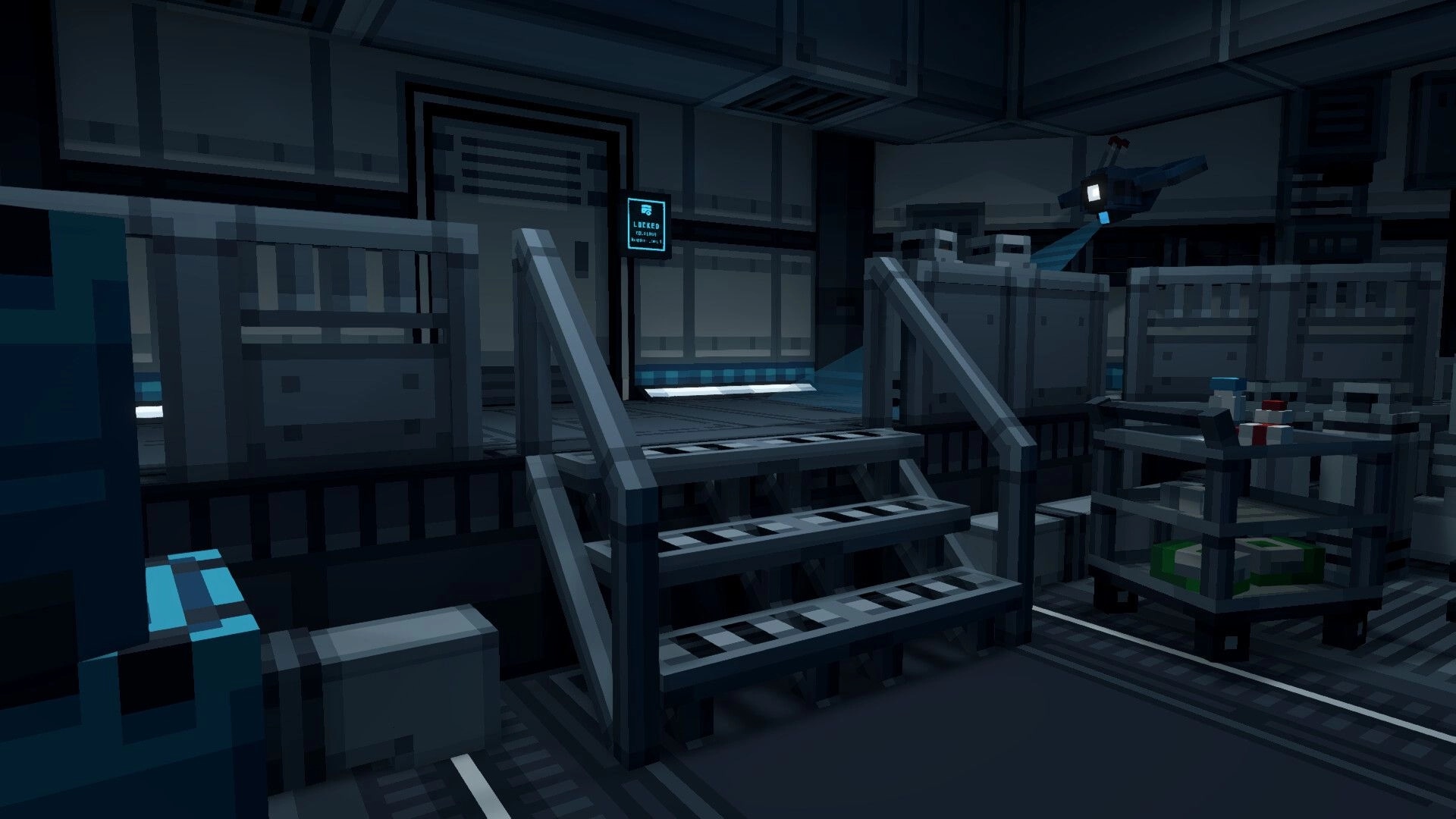 OBVERSE: Empty lab room with stairs and supply cart, blue LOCKED access panel on wall nearby.
