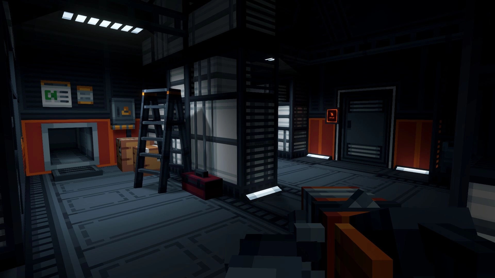 OBVERSE: Exploring a dim maintenance room with ladder, crates, and a locked door in facility corridor.
