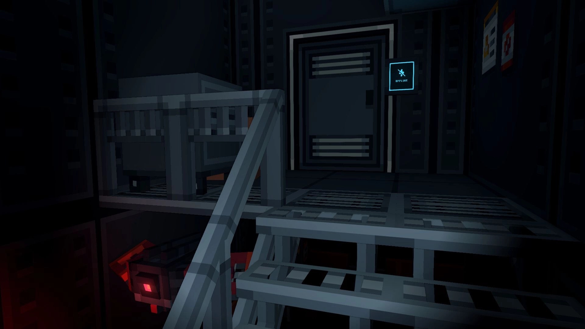 OBVERSE: Stairway up to a sealed metal door with an OFFLINE panel in a dim industrial corridor.