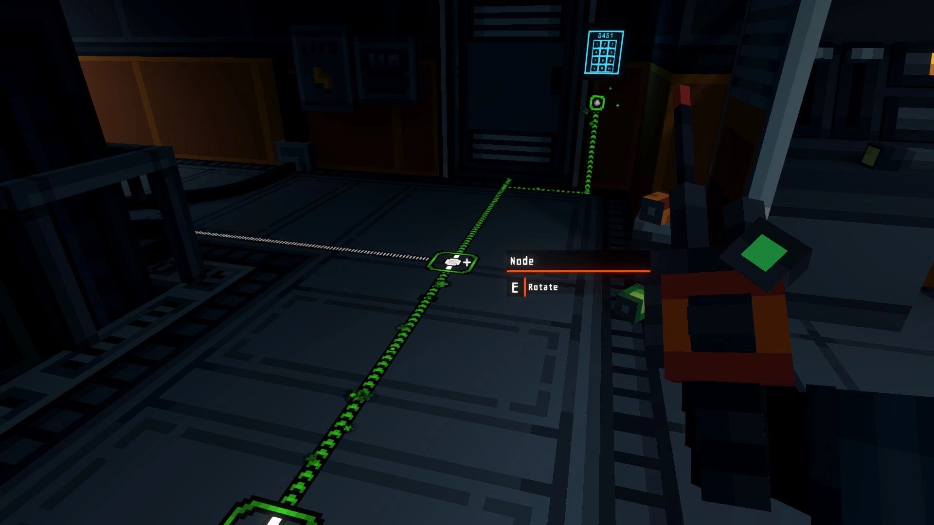 OBVERSE: Rotating a power node as green conduit lines connect in an industrial facility room.