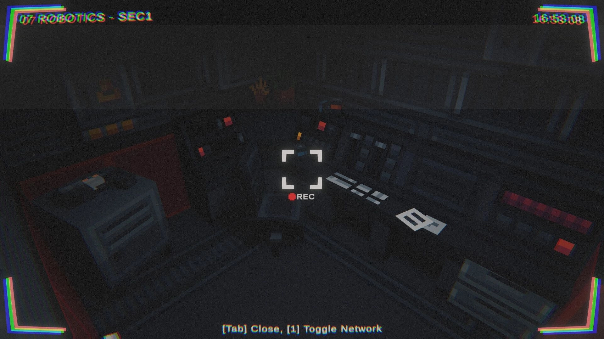 OBVERSE: REC camera view over cluttered control console in Robotics Sector 1 with crosshair UI and timer.