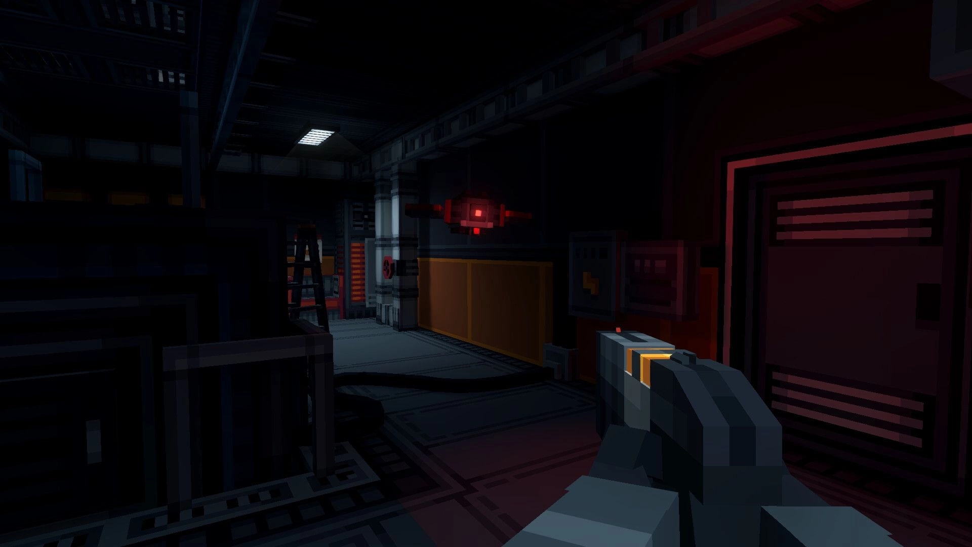 OBVERSE: First-person view aiming a pistol at a red drone in a dim industrial corridor room.