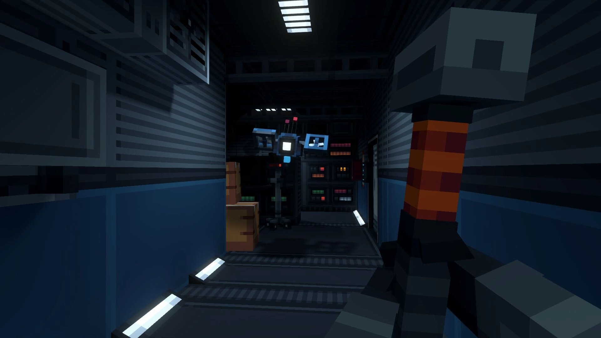OBVERSE: First-person view holding a striped hammer facing a robot in a dim facility corridor.