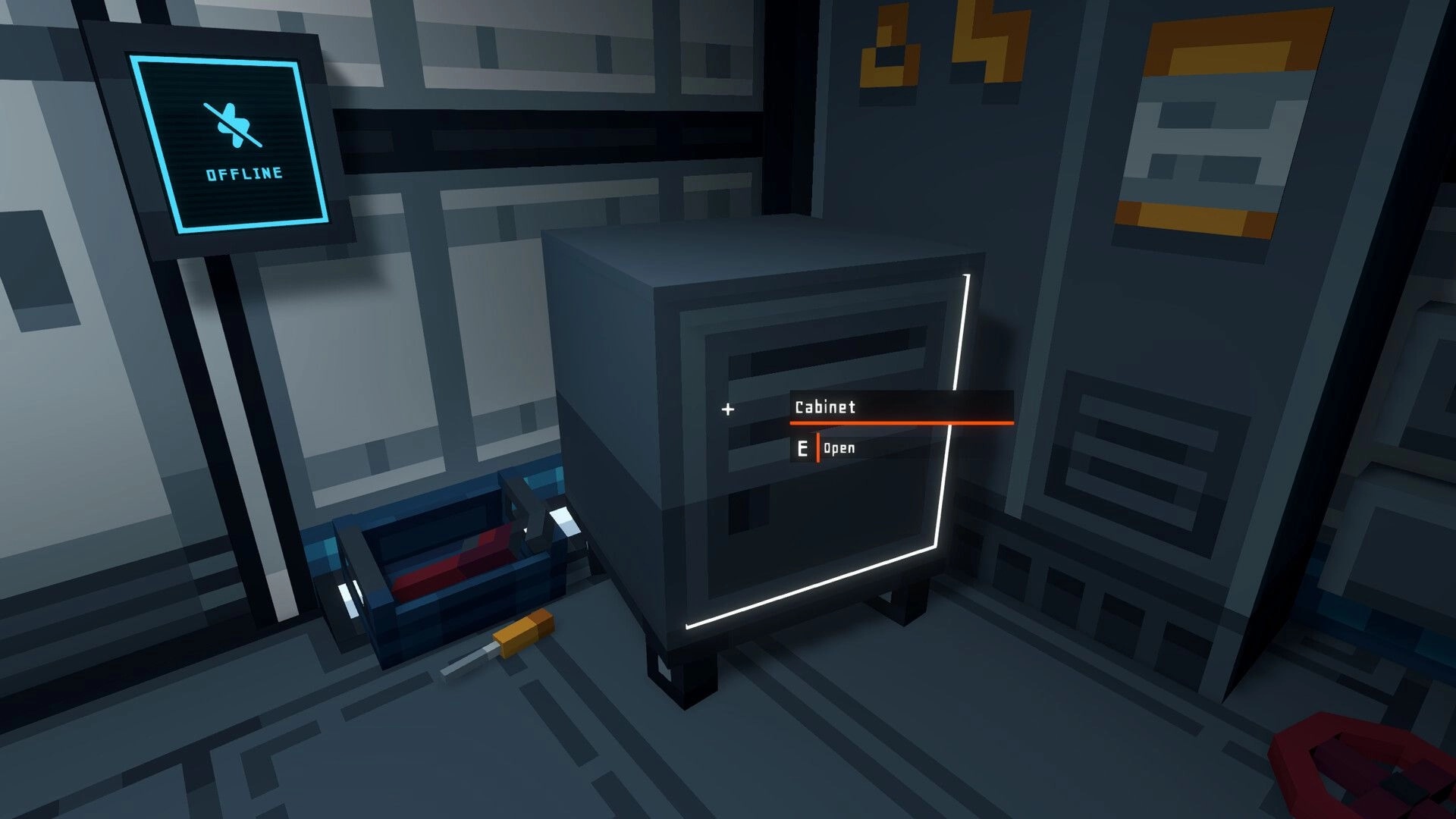 OBVERSE: Crosshair targets a cabinet with “E Open” prompt in a dim industrial lab room, monitor offline.