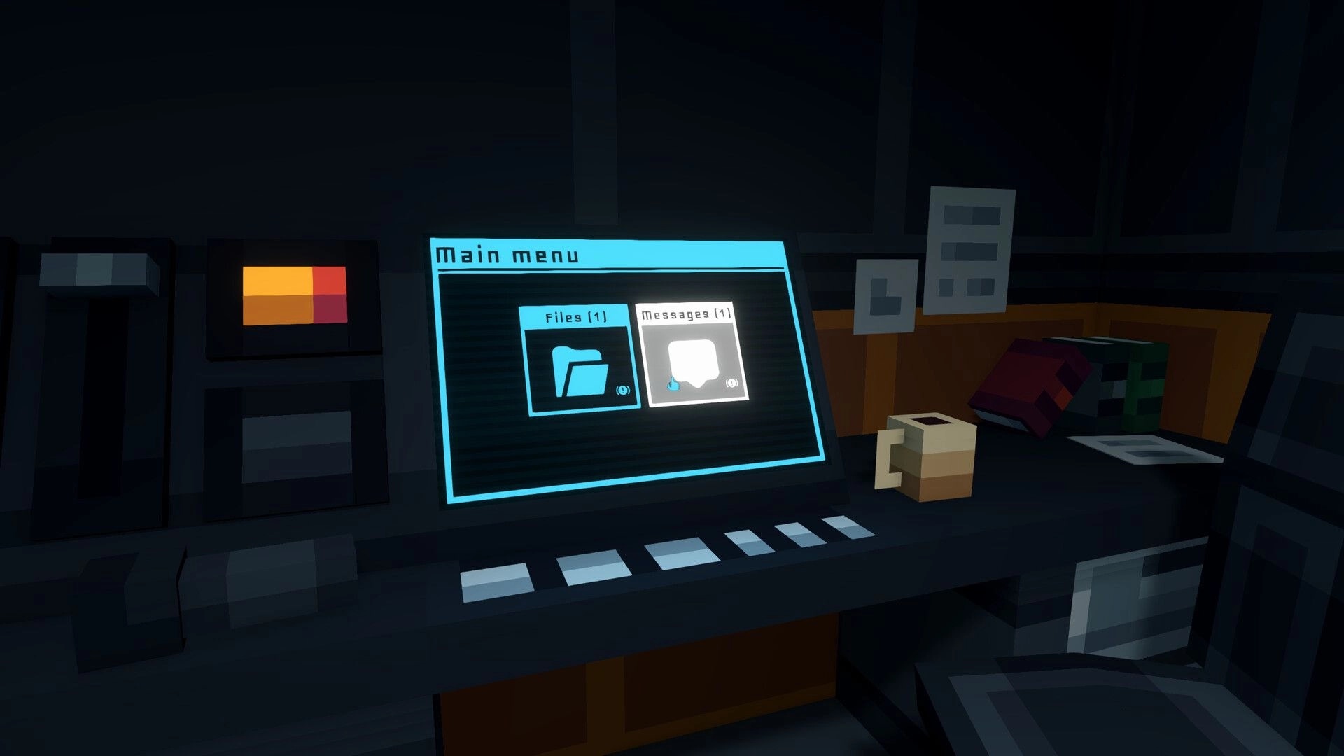 OBVERSE: Main menu computer screen with Files and Messages icons on a cluttered desk in a dark lab.