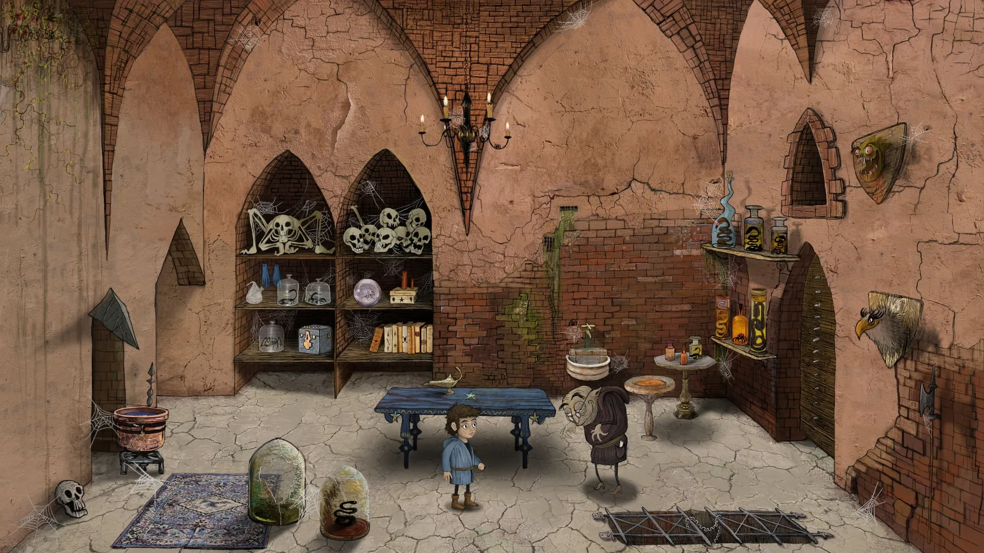 Occulto: Eliot encounters a mysterious figure in a cluttered alchemy lab with shelves of skulls and potions.