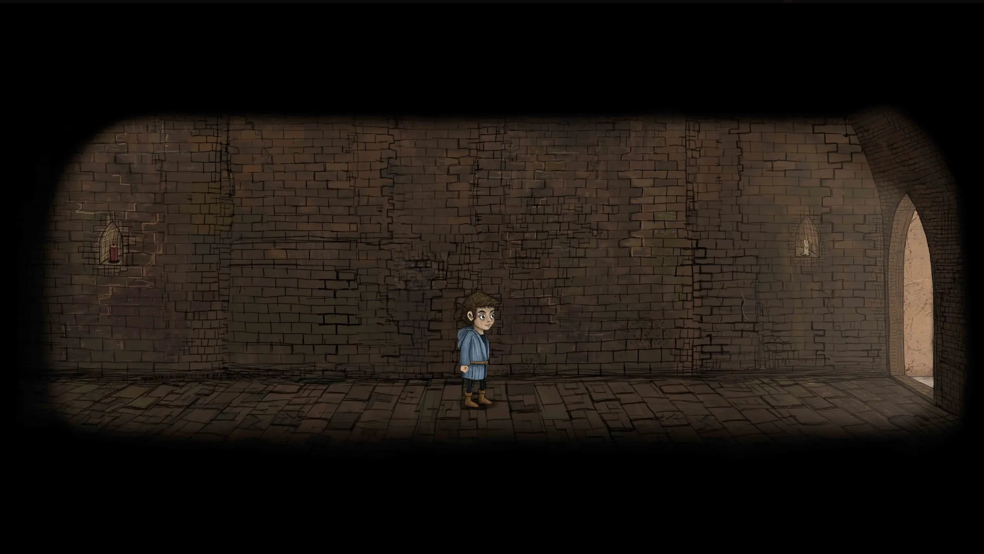 Occulto: Eliot stands in a dimly lit brick hallway with arches and candles on the walls