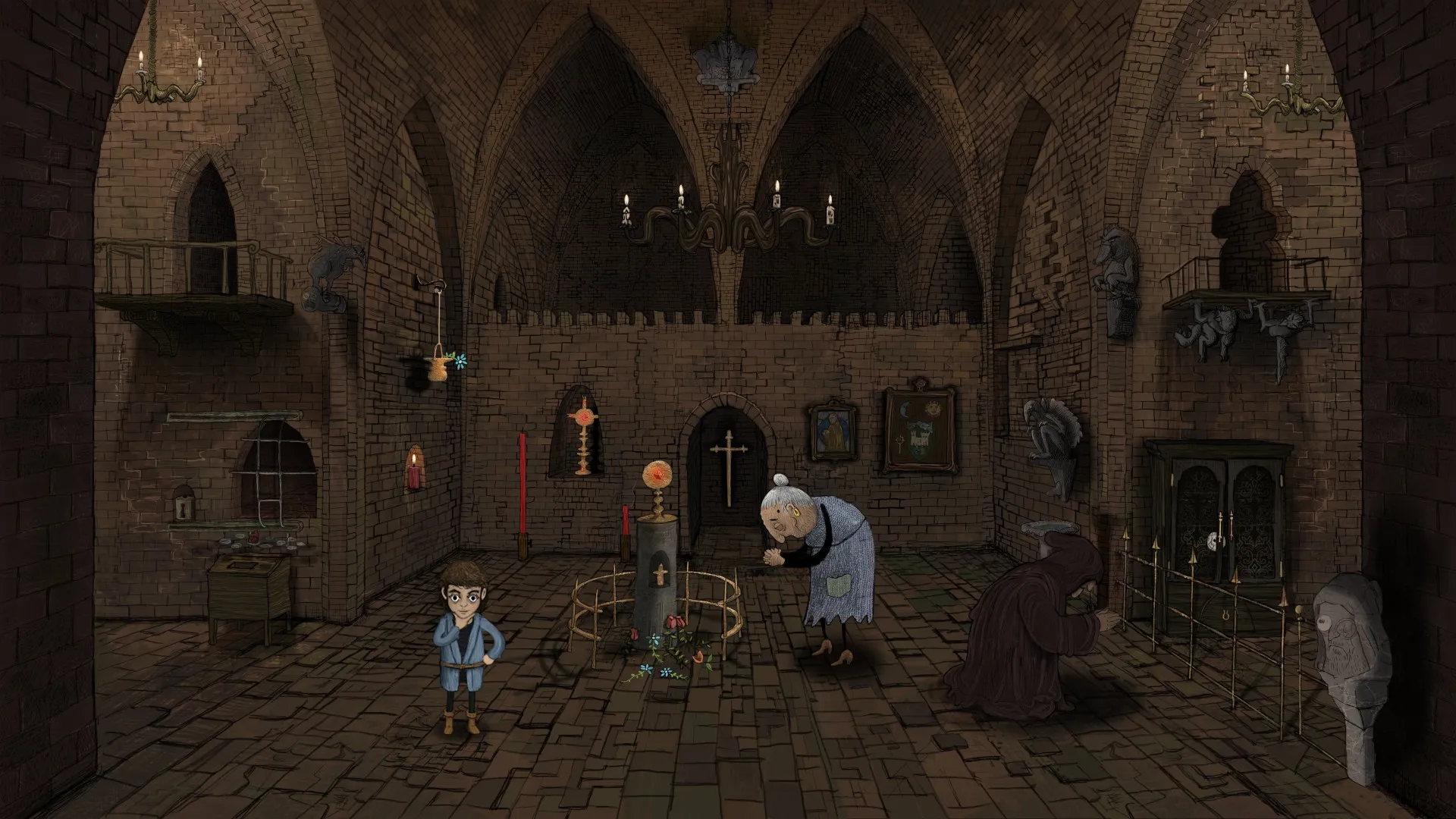Occulto: Eliot stands in a dimly lit cathedral with strange creatures and an elderly figure nearby.