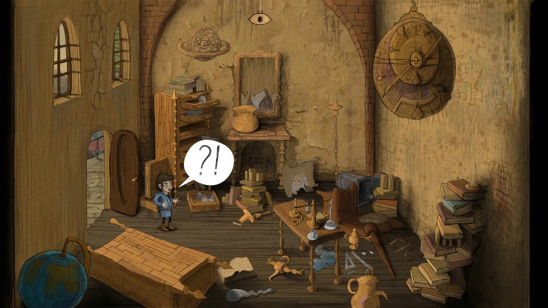 Occulto: Eliot expresses surprise in a cluttered study full of books, artifacts, and mysterious symbols
