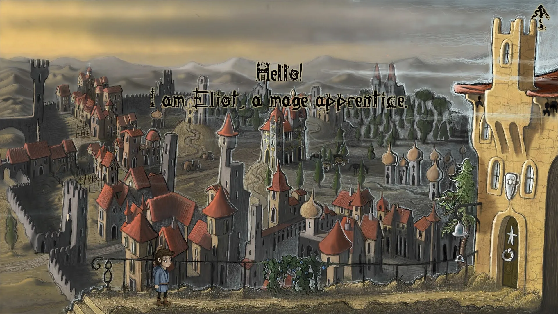 Occulto: Eliot stands on a balcony overlooking a sprawling medieval town with red-roofed buildings.